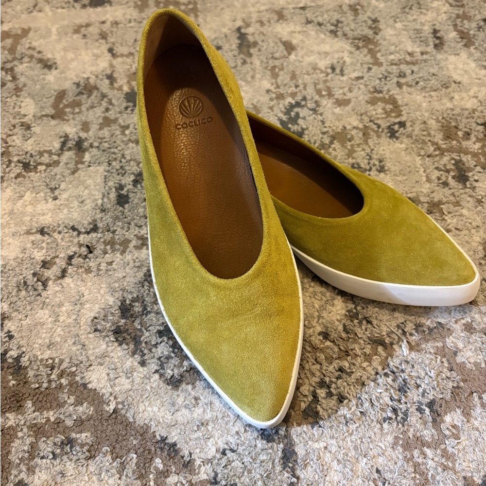 COCLICO Olive Green Suede Pointed-Toe Flats